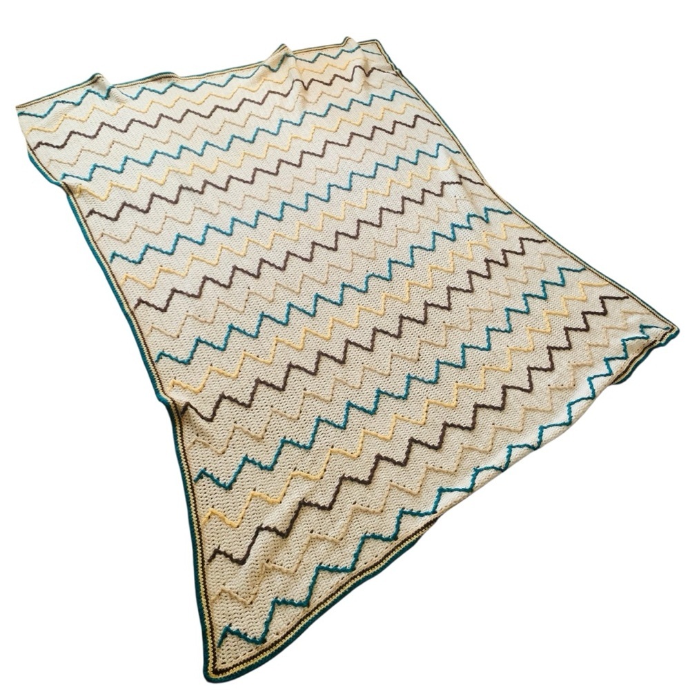 Vintage Handmade Crochet Afghan Throw Blanket Zig Zag Cream Teal Brown 59”x75” - Picture 2 of 8